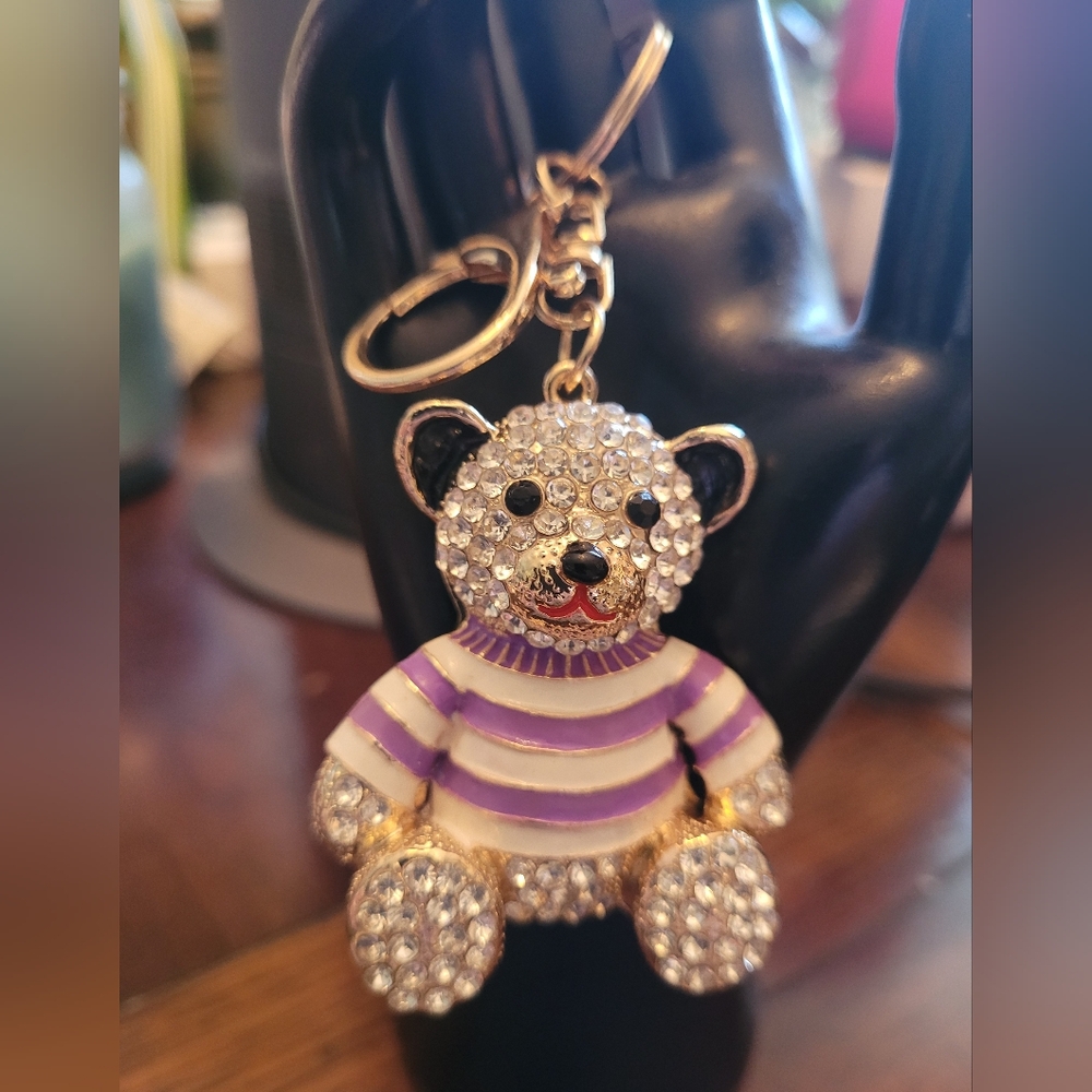Sparkling Bear Keychain Or Bag Charm with Purple Stripes
